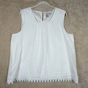 Winter‎ Silks Sleeveless White Lace Trim Cotton Silk Blend Top Keyhole XL